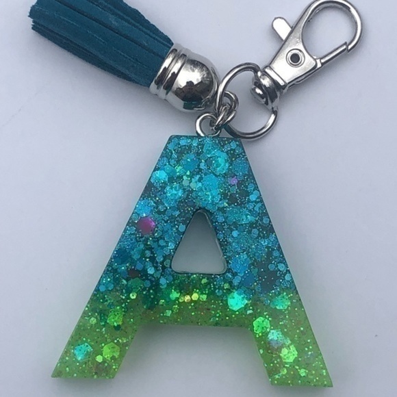 Handmade A Aqua Blue & Green Resin Glitter Key Chain - Picture 2 of 6